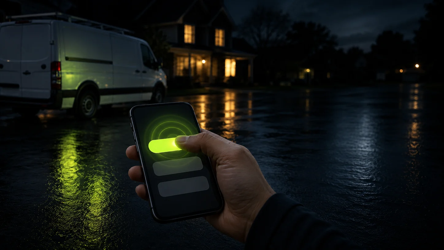 A homeowner's thumb pressing a glowing volt-green call button on a contractor's website, a work van parked on the wet driveway behind them at dusk