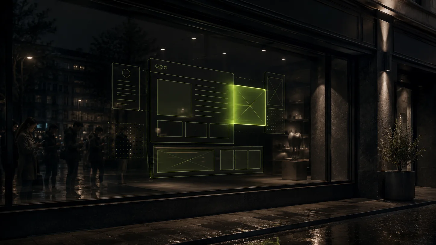 An upscale storefront window at night with a volt-green wireframe website assembling itself behind the glass, onlookers reflected in the window