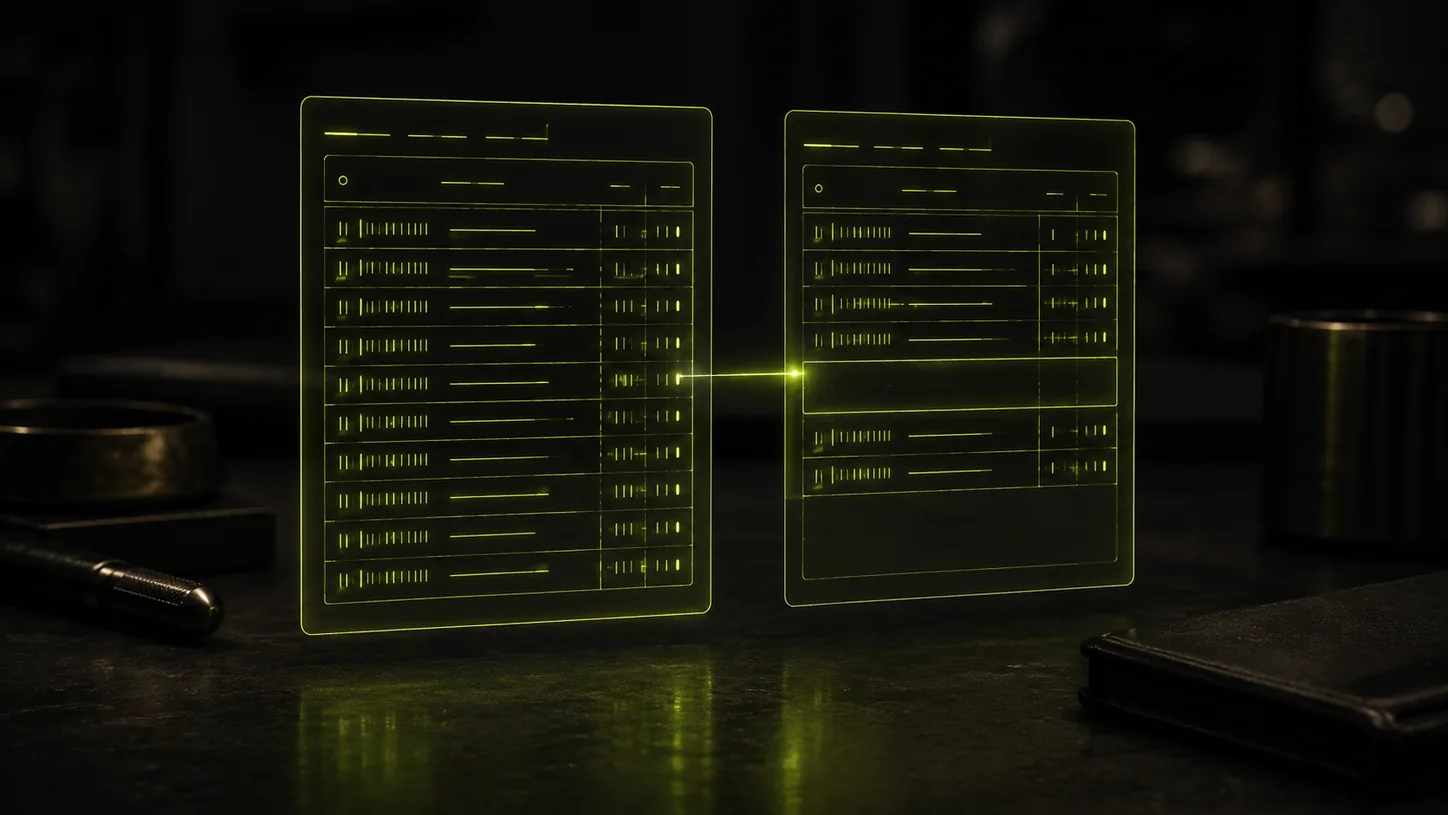 Two floating holographic ledgers of volt-green light showing mismatched rows, the missing sales your dashboards disagree about