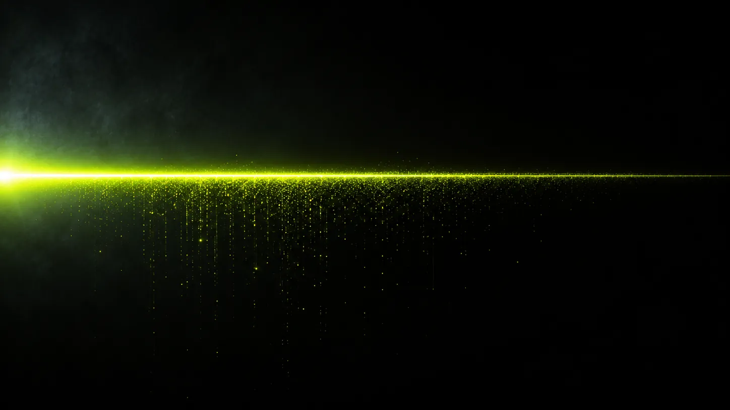 A volt-green beam thinning as it crosses darkness, shedding fading sparks