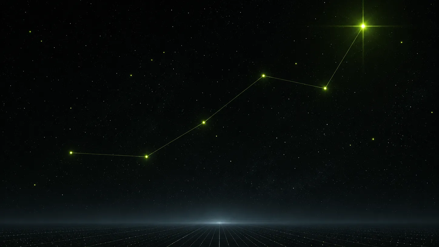 A volt-green constellation rising over a dark data grid toward one flaring star